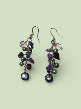Beaded Dangle Earrings with Purple Chip Accents